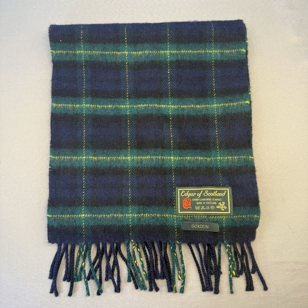 Edgar Of Scotland Tartan Wool Scarf Made in Scotland Luxury Lambswool Green Navy